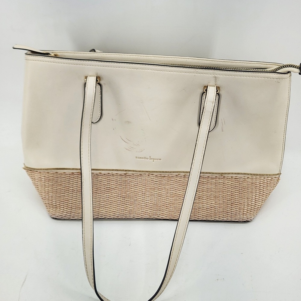 Nanette Lepore Tote Bag Cream Beige Faux Leather‎ Straw Shoulder Purse Large